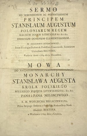 [1764] Biegaczewicz Wojciech, Mowa do nayjasnieyszego [...] monarchy Stanisława Augusta krola polskiego...