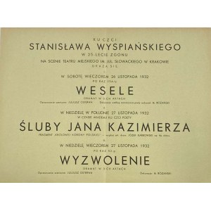 [Divadelní plakát] 3 představení na počest Stanislawa Wyspiańského k 25. výročí jeho úmrtí