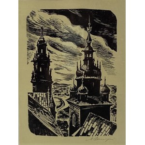 [Wawel] Raczyński Stanisław - Drzeworyt na papierze przedstawiający wieże Katedry na Wawelu