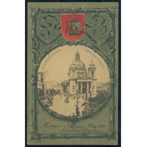 Warschau - St. Alexander Kirche, Nakł. St. Winiarski, Nr. 453, Warschau, eingeklebt in kol. lith. Stadtwappen, lith. oliv, s. Ansicht in Sepia, um 1900.