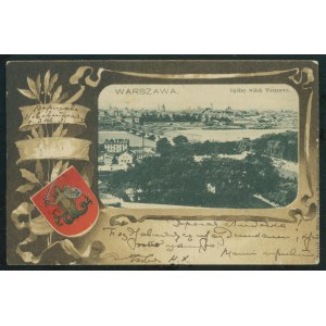 Warsaw - General view of Warsaw, Nakł. St. Winiarski, No. 461, Warsaw, pasted in col. lith. city coat of arms, sepia lith., st. oliv. view, ca. 1900.