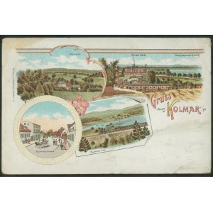 Chodzież - Gruss aus Kolmar, Helmlsgrün, Steingut Fanrik, Sigismund Strasse, Warower See, G. Knoblauch, Kolmar i/P., litt. kol., ca. 1900.
