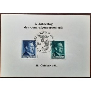 Kartonik w rozmiarach karty pocztowej z dwoma znaczkami GG. Stemple 26.10.1941 Radom.