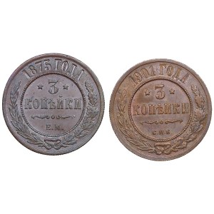 Group of Russia 3 Kopecks 1875, 1901 copper coins (2)
