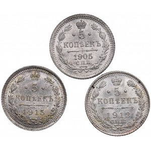 Small collection of Russian 5 Kopecks 1905, 1913, 1915 (3)