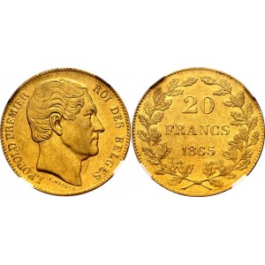 Belgium 20 Francs 1865 NGC AU 58
