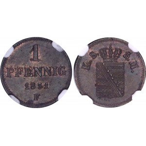German States Saxony-Albertine 1 Pfennig 1851 F NGC MS 64 BN Top Pop