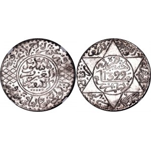 Morocco 1/2 Rial / 5 Dirhams 1904 AH 1322 PA NGC MS 64