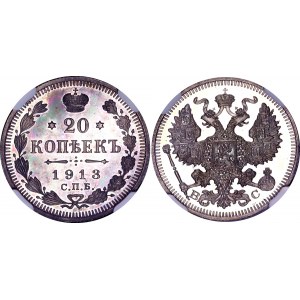 Russia 20 Kopeks 1913 СПБ BC NGC PF 66