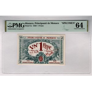 Monaco 1 Franc 1920 Specimen PMG 64