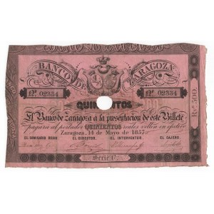 Spain Banco de Zaragoza 500 Reales de Vellon 1857