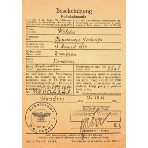 [DOCUMENT] Certification of work card. Bescheinigung (1941)
