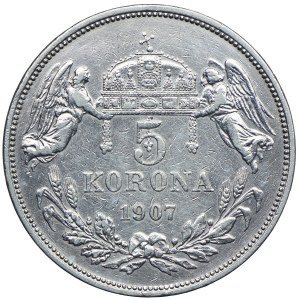 Maďarsko, František Jozef I., 5 korún 1907 KB, Kremnica