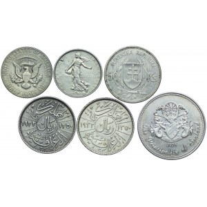 Zestaw srebrnych monet, USA, Francja, Słowacja, Irak, Sealand (6szt.)