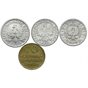 Zestaw, II RP, 1 złoty 1924, 2 złote 1936 Żaglowiec, 2 złote 1934 Piłsudski, Wolne Miasto Gdańsk 10 fenigów 1932 (4szt.)