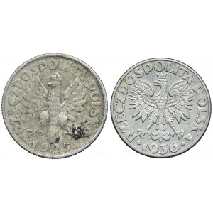 Zestaw II RP, 1 złoty 1925 Londyn, 2 złote 1936 Żaglowiec (2szt.)