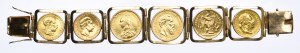 Złota bransoleta z monetami - Austria 10 koron 1896, Niemcy 10 marek 1890 A, Wielka Brytania 1 funt (suweren) 1890, Niemcy 20 marek 1888 A, Francja 20 franków 1896 A, Austria dukat 1915, waga 65,68 g.