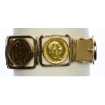 Złota bransoleta z monetami - Austria 10 koron 1896, Niemcy 10 marek 1890 A, Wielka Brytania 1 funt (suweren) 1890, Niemcy 20 marek 1888 A, Francja 20 franków 1896 A, Austria dukat 1915, waga 65,68 g.