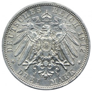 Niemcy, Bawaria, Otto, 3 marki 1912 D, Monachium
