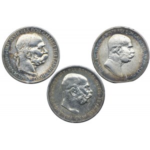 Austria-Hungary, Franz Joseph I, 5 crowns 1900, 1908, 1909 (3pc).