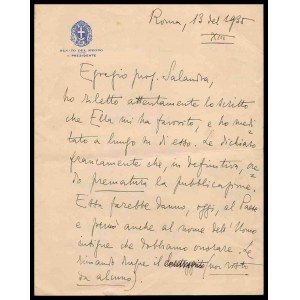 ITALY, Kingdom Autographed letter from Luigi Federzoni, president of the Senate of the Kingdom and Minister of Colonies and the Interior