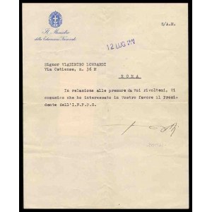 ITALY, Kingdom Typewritten letter signed Bottai