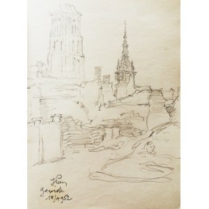 Józef PIENIĄŻEK (1888–1953), Ruiny Gdańska z wieżą Ratusza i bazyliki Mariackiej, [1952]