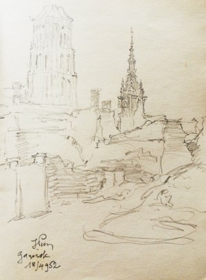 Józef PIENIĄŻEK (1888–1953), Ruiny Gdańska z wieżą Ratusza i bazyliki Mariackiej, [1952]