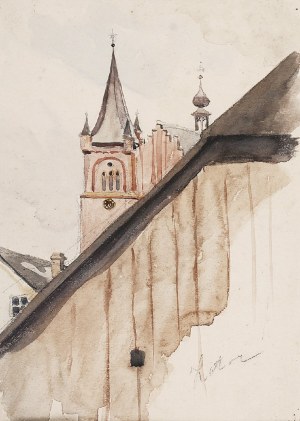 Stanisław KAMOCKI (1875-1944), Widok na wieżę kościoła parafialnego w Zatorze, [ok. 1905]