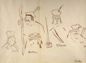 Karol FRYCZ (1877 - 1963), Zelwerowicz, Kotarbiński i Jednowski jako Lichocki, Bartosz, Nicefor oraz Kościuszko w sztuce Anczyca „Kościuszko pod Racławicami”, [1904]