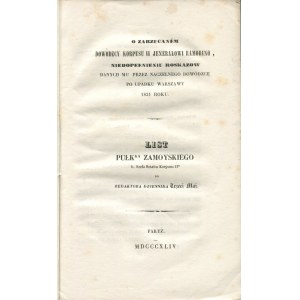 ZAMOYSKI Władysław - O zarzucanem dowódcy Korpusu II jenerałowi Ramorino, niedopełnieniu rozkazów danych mu przez Naczelnego Dowódcę po upadku Warszawy 1831 roku [Paryż 1844]