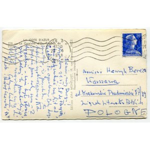 Postcard from Marek Hlasko to Henryk Bereza. Nice 1958 [Hlasko-Bereza].