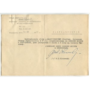 [dokument] Varšava, dn. 14. září 1939 Zaświadczenie-przustka Straż Obywatelska przy Muzeum Józefa Piłsudskiego w Belwederze
