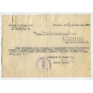[dokument] Varšava, dn. 27. října 1939 Poděkování Občanské gardě za její činnost při obraně Varšavy a žádost o vrácení služebního průkazu a pásky.