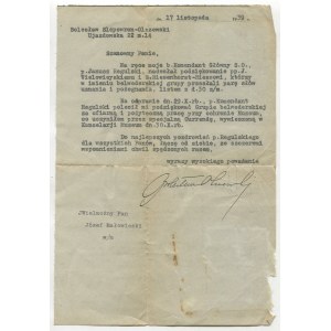 [dokument - list] Varšava, 17. novembra 1939. Občianska garda. Poďakovanie pre bezpečnostnú skupinu Múzea Józefa Piłsudského na Belvederi za obetavú prácu počas obrany Varšavy.