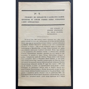 Offener Brief über die Einfuhr der sterblichen Überreste von Juliusz Słowacki. Paris [1910].