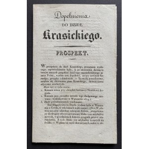 [Nakladatelský prospekt] [KRASICKI Ignacy] DOPEŁNIENIA do dzieł Krasickiego. Varšava [1830].