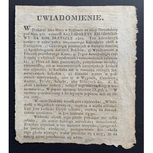 [KALENDARZYK] UWIADOMIENIE. Kraków [1801]