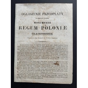 MONUMENTA Regnum Poloniae Cracoviensia - OGŁOSZENIE przedpłaty na dzieło, wydane po raz drugi staraniem B. M. Wolffa w Petersburgu. Warszawa [1851]