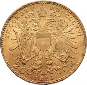 František Josef I., 1848 - 1916, 20 Koruna 1916 - Schwartz - nový znak (pouze 72.000