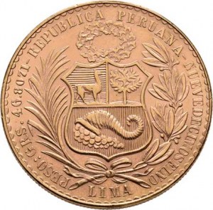 Peru, republika, 1822 -, 100 Soles 1964 LIMA, KM.231 (Au900, pouze 11.000 ks),