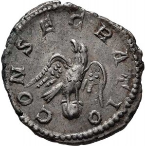Septimius Severus -posmrtná ražba za Caracally a Gety, AR Denár, Rv:CONSECRATIO., orel sedící na
