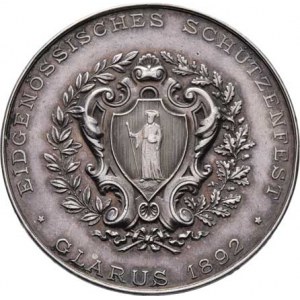 Střelecké medaile, plakety a odznaky, Glarus 1892 - stojící Helvetia, krajina, opis /