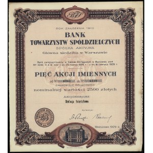 Polen, 5 Aktien zu je 500 Zloty = 2.500 Zloty, 1929, Warschau
