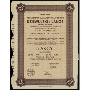 Polska, 5 akcji po 250 złotych = 1.250 złotych, 1937, Warszawa