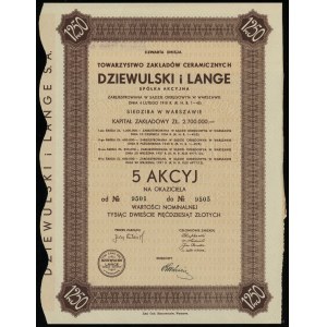 Polen, 5 Aktien zu je 250 Zloty = 1.250 Zloty, 1937, Warschau