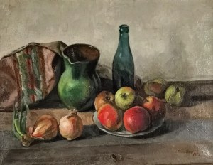 Janusz STRZAŁECKI (1902-1983), Martwa natura z butelką i owocami, 1955