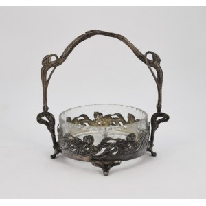 Sugar bowl with Art Nouveau iris motif, movable handle, with glass insert