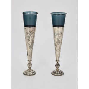 Pair of vases with Art Nouveau floral decoration and monogram HS with glass inserts