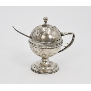 A mustard pot in the form of a ball with a hinged lid bearing the monogram HH